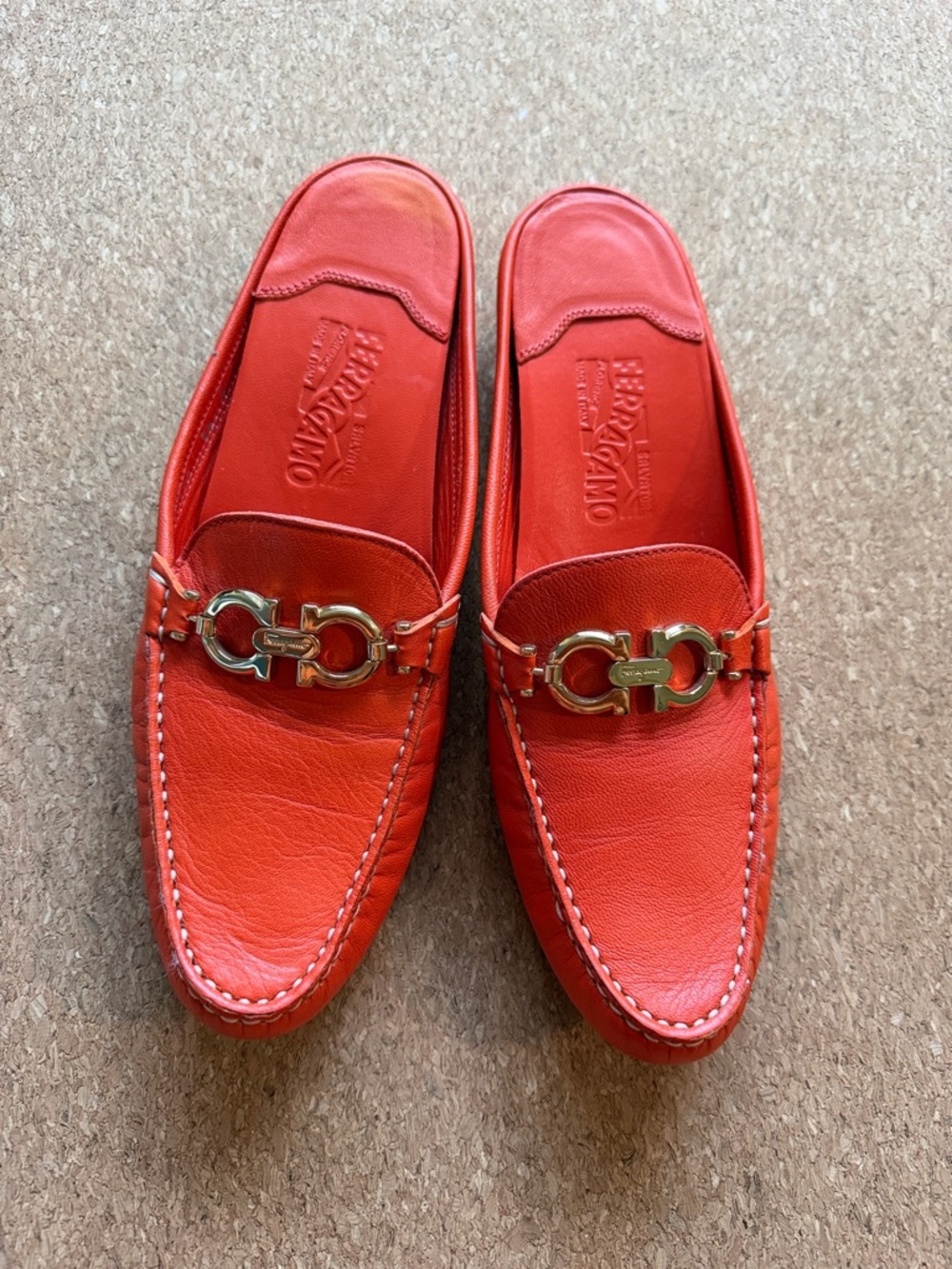 Salvatore Ferragamo Coral Red Leather Gancini Bit Loafers